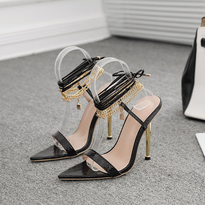 Metallic Wrap Ankle Tie Strap Pointed Toe High Heel Sandals  H4
