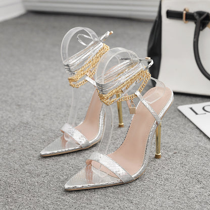 Metallic Wrap Ankle Tie Strap Pointed Toe High Heel Sandals  H4