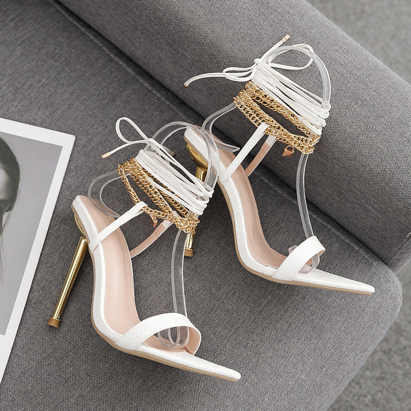 Metallic Wrap Ankle Tie Strap Pointed Toe High Heel Sandals  H4