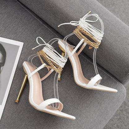 Metallic Wrap Ankle Tie Strap Pointed Toe High Heel Sandals  H4