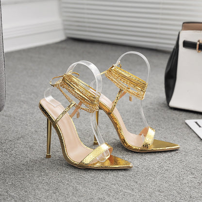 Metallic Wrap Ankle Tie Strap Pointed Toe High Heel Sandals  H4