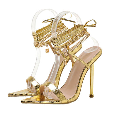 Metallic Wrap Ankle Tie Strap Pointed Toe High Heel Sandals  H4