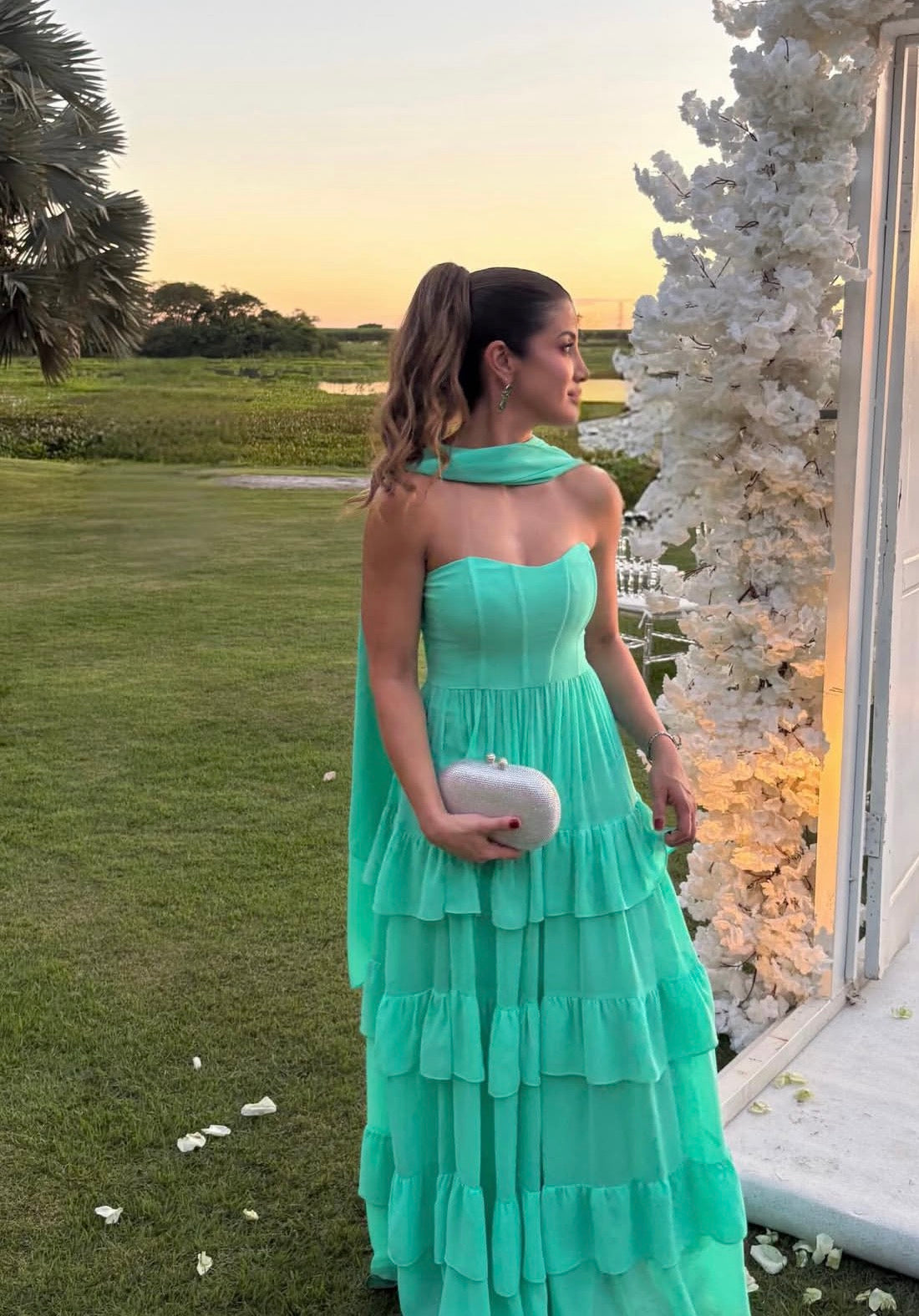 Mint Green A Line Chiffon Wedding Guest Dress Formal Prom Dress  J10016