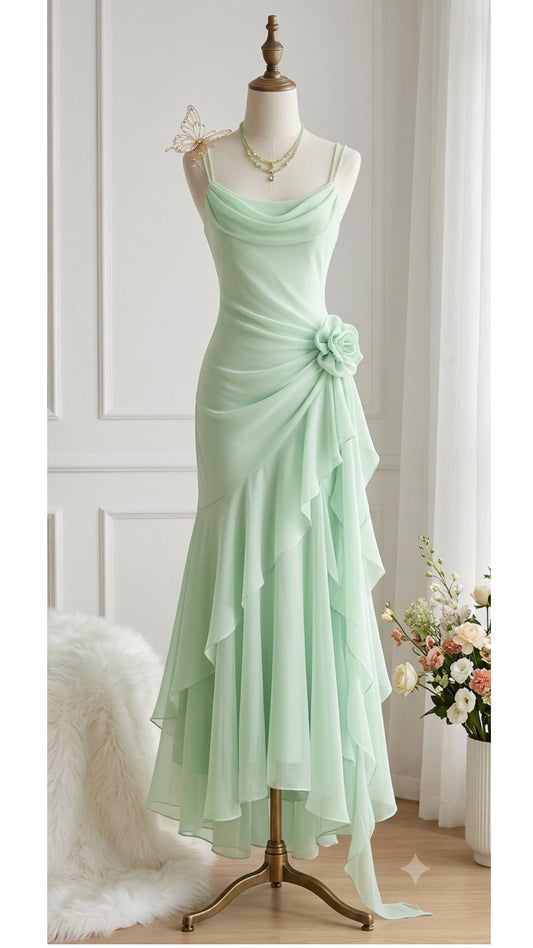 Mint Green Chiffon Prom Dress Ruffled Evening Dress  J11687