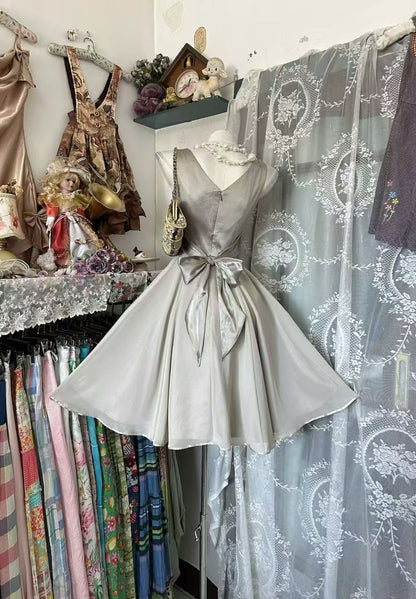 Trägerloses silbernes Vintage-Abendkleid, A-Linie, Geburtstagskleid J9370