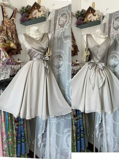Trägerloses silbernes Vintage-Abendkleid, A-Linie, Geburtstagskleid J9370