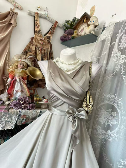 Trägerloses silbernes Vintage-Abendkleid, A-Linie, Geburtstagskleid J9370