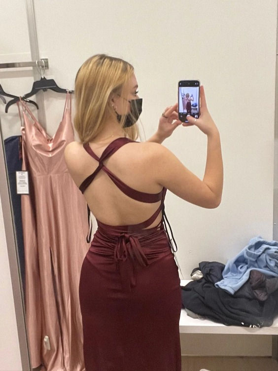 Robe de soirée longue sirène en satin à col en V, bordeaux, 2478