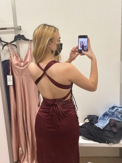 Robe de soirée longue sirène en satin à col en V, bordeaux, 2478