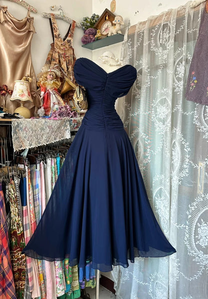 Trägerloses silbernes Vintage-Abendkleid, A-Linie, Geburtstagskleid J9370