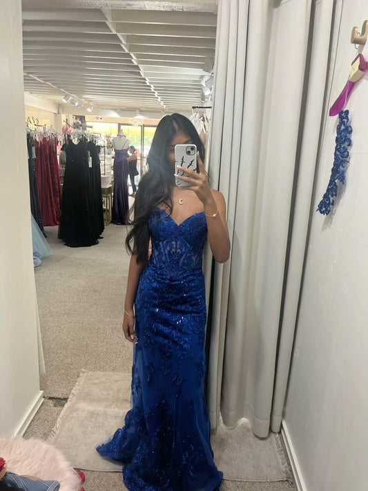 Navy Blue Lace Tulle Mermaid Formal Prom Dress  J11694