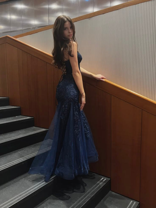 Navy Blue Mermaid Prom Dress Tulle Appliques Formal Dress  J10795