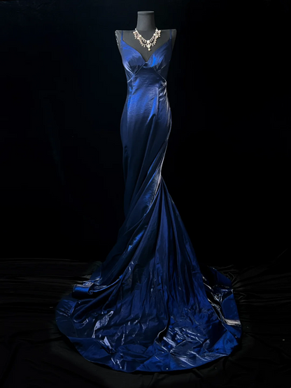 Navy Blue Mermaid Prom Dress V Neck Evening Dress  J10151
