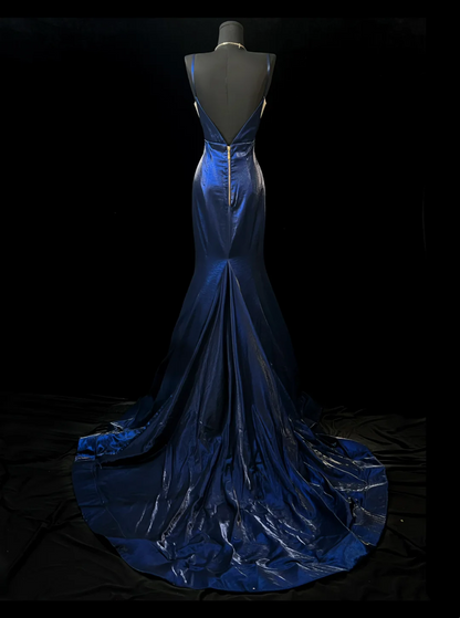 Navy Blue Mermaid Prom Dress V Neck Evening Dress  J10151