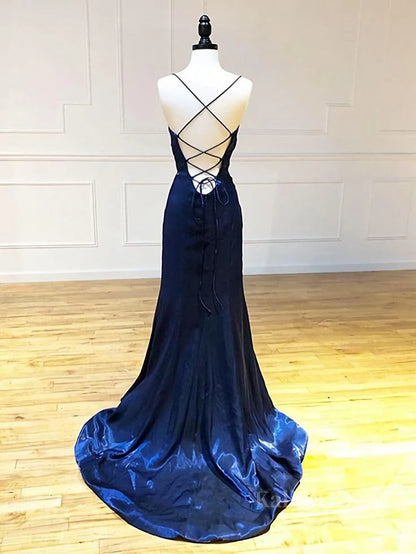 Navy Blue Sheath Prom Dress With Slit Open Back Evening Dress J10196