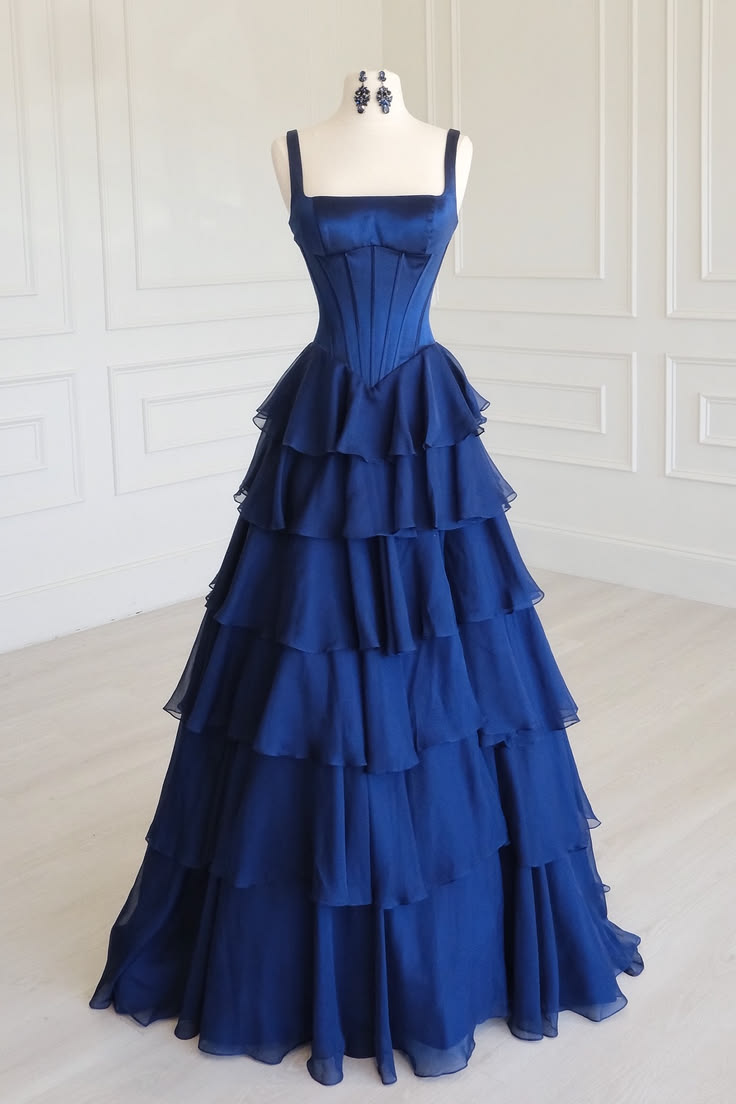 Navy Blue Square-Neck Ruffled A-Line Maxi Dress Layered Prom Gown J9992
