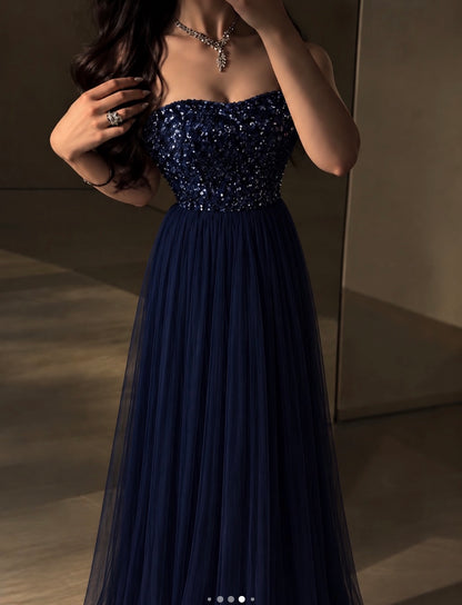 Trägerloses silbernes Vintage-Abendkleid, A-Linie, Geburtstagskleid J9370