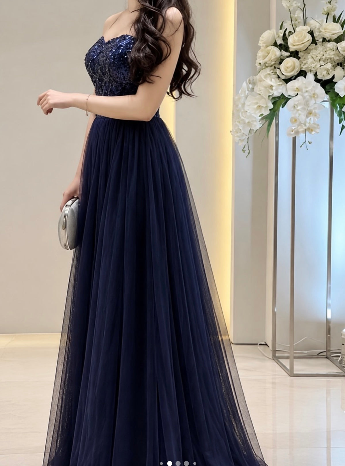 Trägerloses silbernes Vintage-Abendkleid, A-Linie, Geburtstagskleid J9370