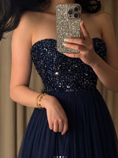 Trägerloses silbernes Vintage-Abendkleid, A-Linie, Geburtstagskleid J9370