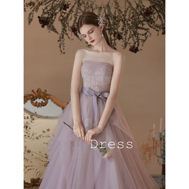 Strapless Purple Tulle Prom Dress A Line Formal Party Gown 677