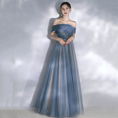Off Shoulder Blue Tulle Prom Dress A Line Evening Formal Party Gown 719