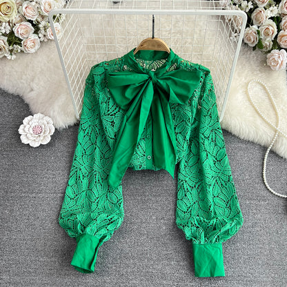 Long Sleeve Bow Knot Loose Lace Blouse Top 335