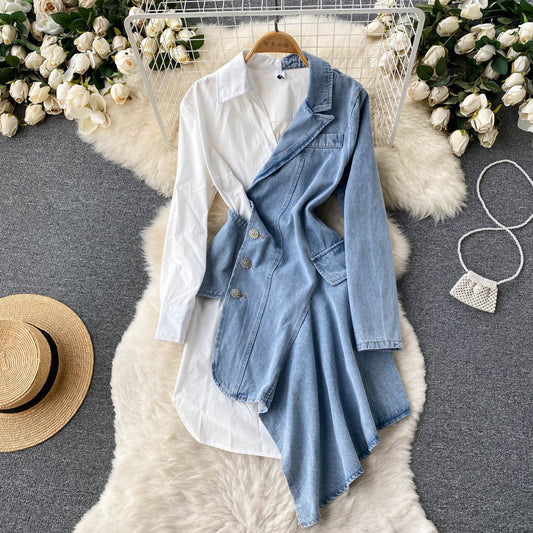 Spring and Autumn New Long-sleeved Shirt Stitching Denim Dress Women 357