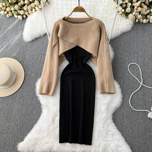 Women's Casual Round Neck Half Knitted Blouse Top Two-piece Thin Shoulder Strap Dress 354