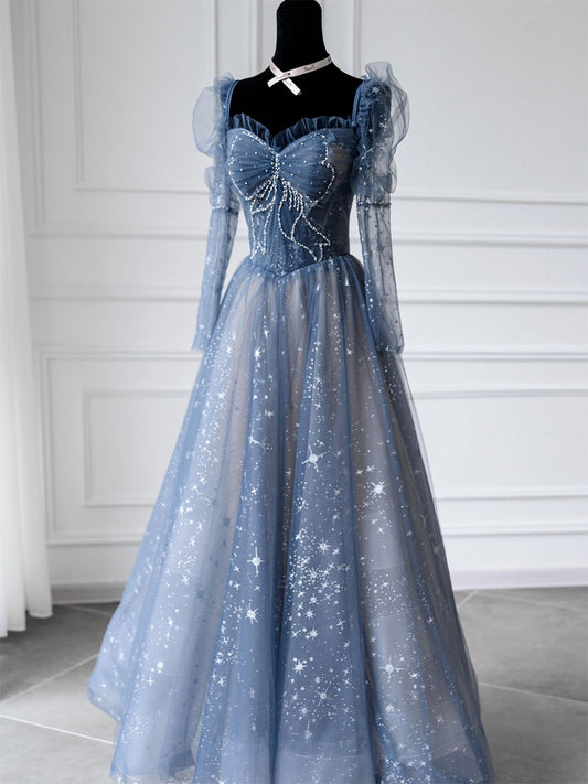 Blue A Line Tulle Prom Dress Cute Sweetheart Shiny Formal Party Gown Sweet Princess Dress 659