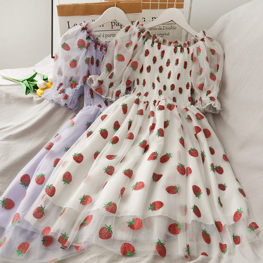 Summer Fairy  Strawberry Print High Waist Mid Length Mesh Skirt Short Sleeve Dress 835