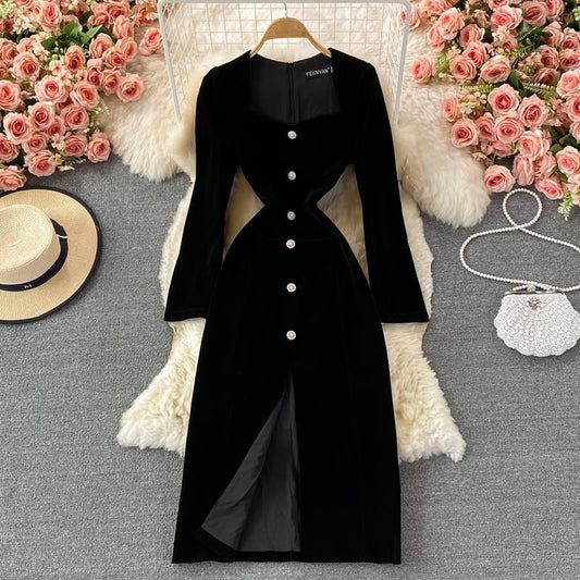 French Vintage Velvet Dress Elegant Long Sleeve Slit Dress Long Dress 355