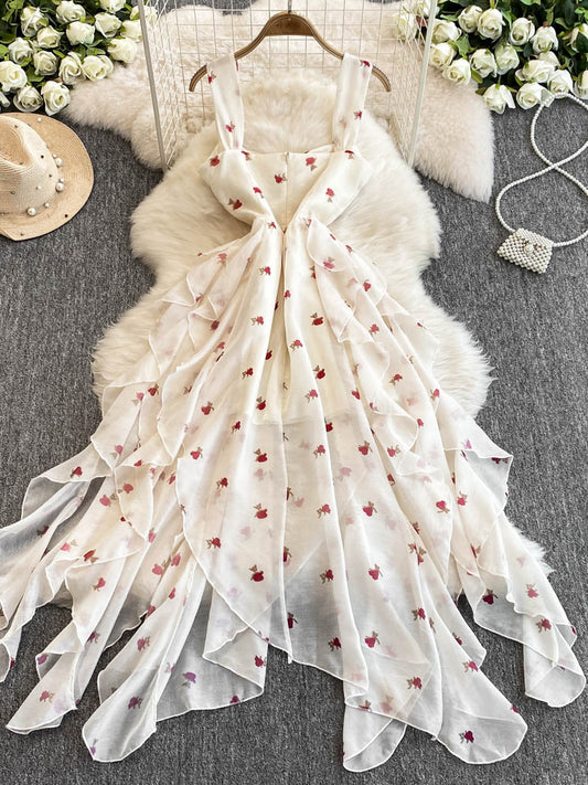 Sleeveless Sweet Dress Irregular Ruffle Print Spaghetti Strap Long Dress L52