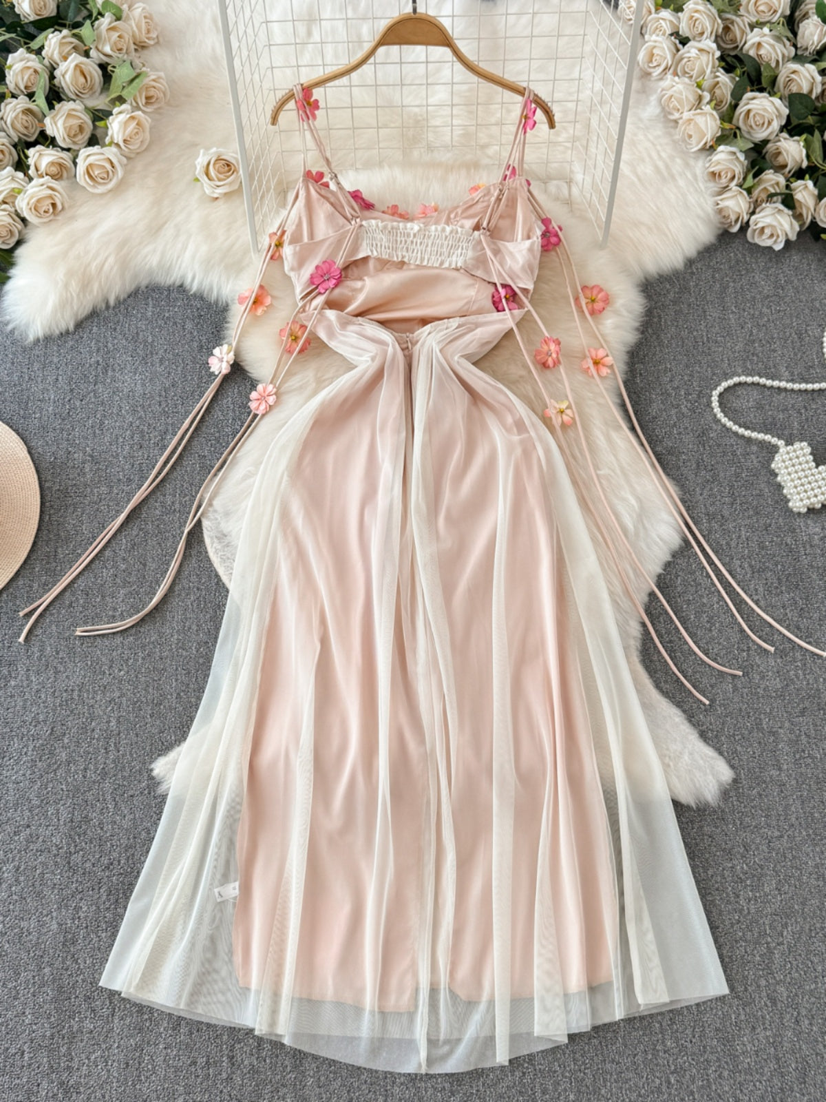 Mesh Spaghetti Strap Dress Summer A-line Long Skirt  L59