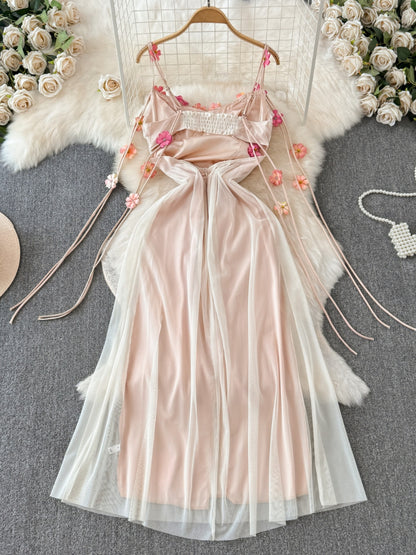 Mesh Spaghetti Strap Dress Summer A-line Long Skirt  L59