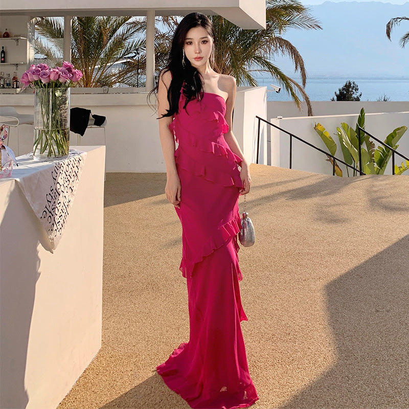 One Shoulder Layer Long Evening Dress with Slit  Rose Red Prom Dress Summer Dress  423