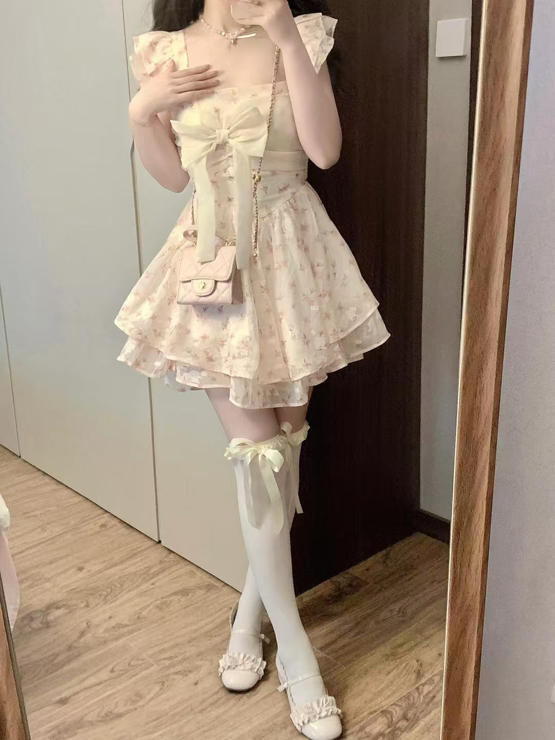 Sweet Bow Floral Dress Women's Summer Fluffy Short Dress L36