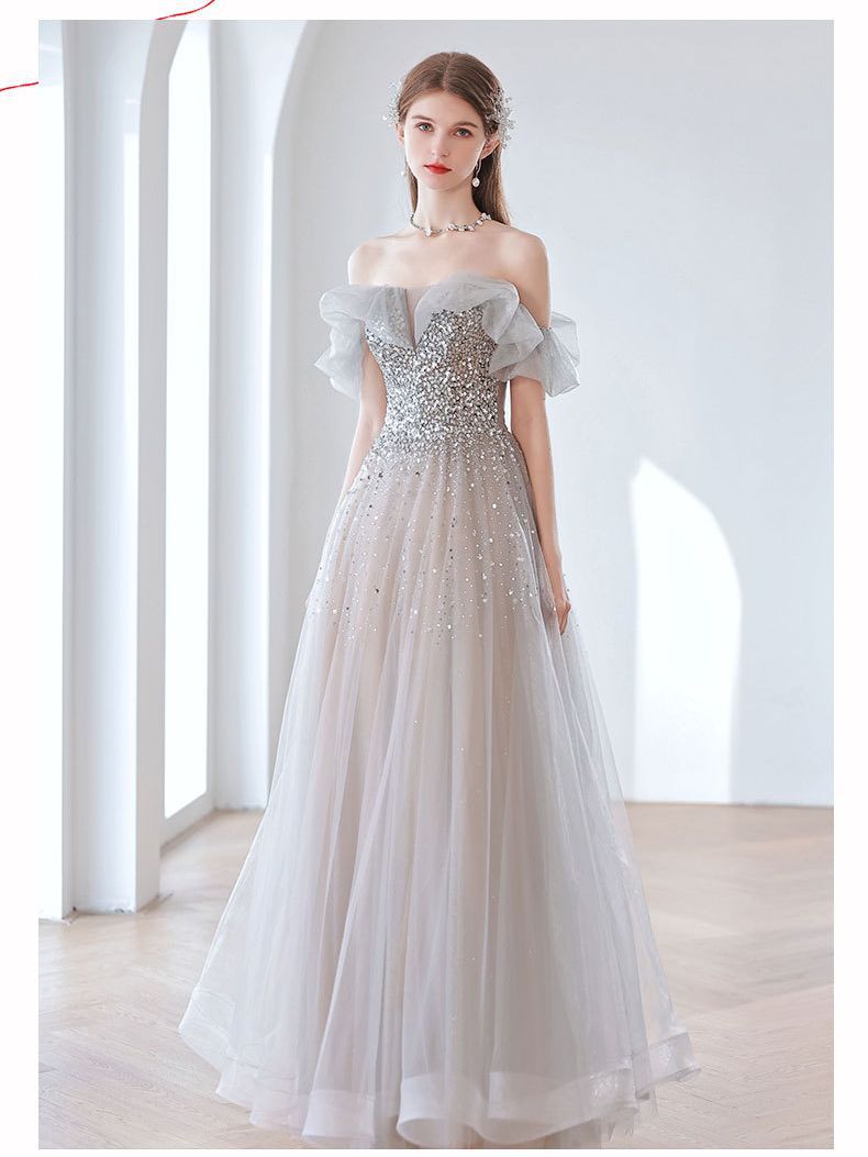 Off Shoulder Gray Sequins Long Prom Dress A Line Tulle Formal Evening Gown 305