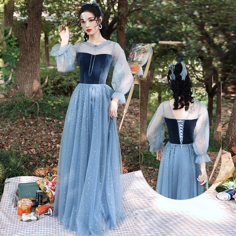 Blue Tulle Velvet Bridesmaid Dress Long Evening Dress Formal Party Gown 525