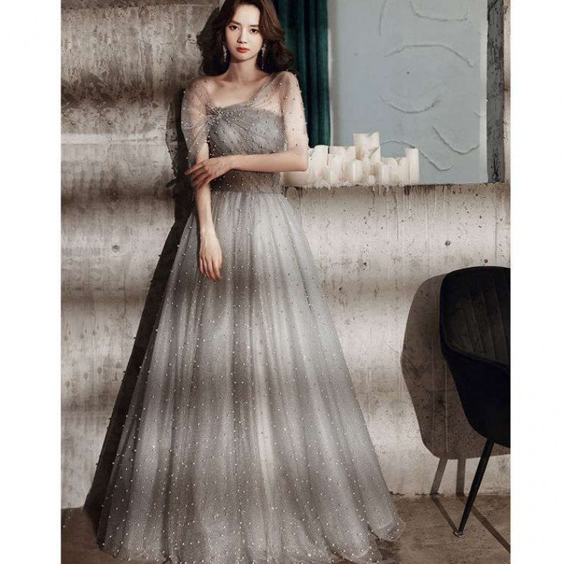 Beaded Gray Tulle Prom Dress A Line Formal Party Dress 693