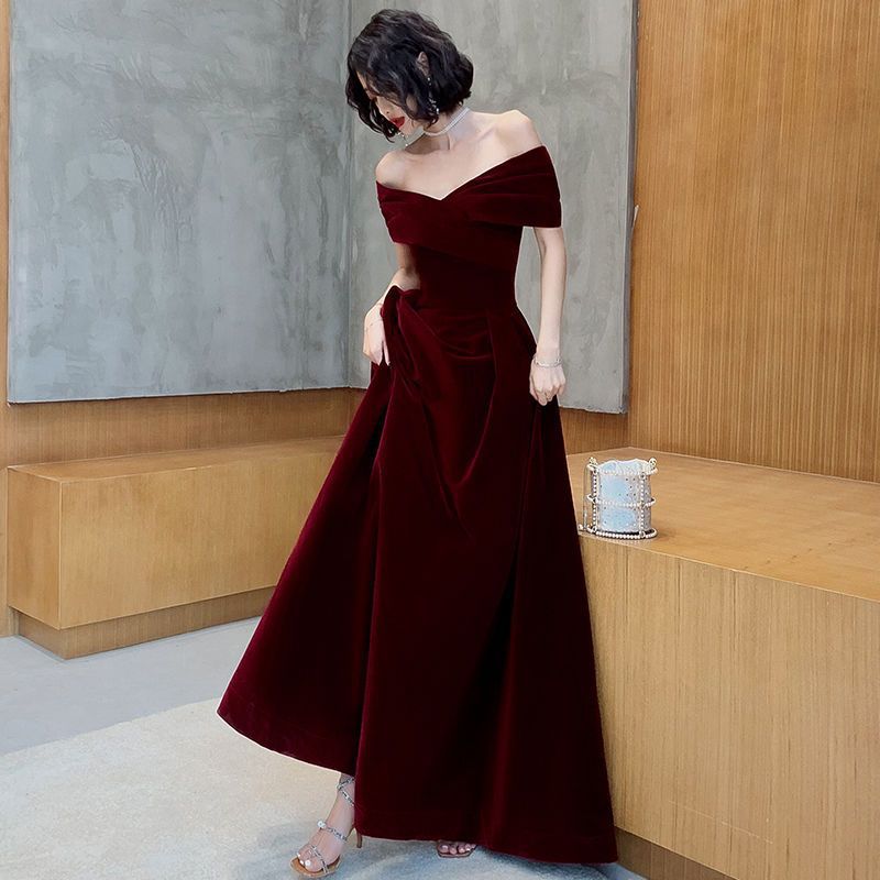 Off Shoulder Burgundy A Line Long Prom Dress Velvet Evening Formal Party Gown 563