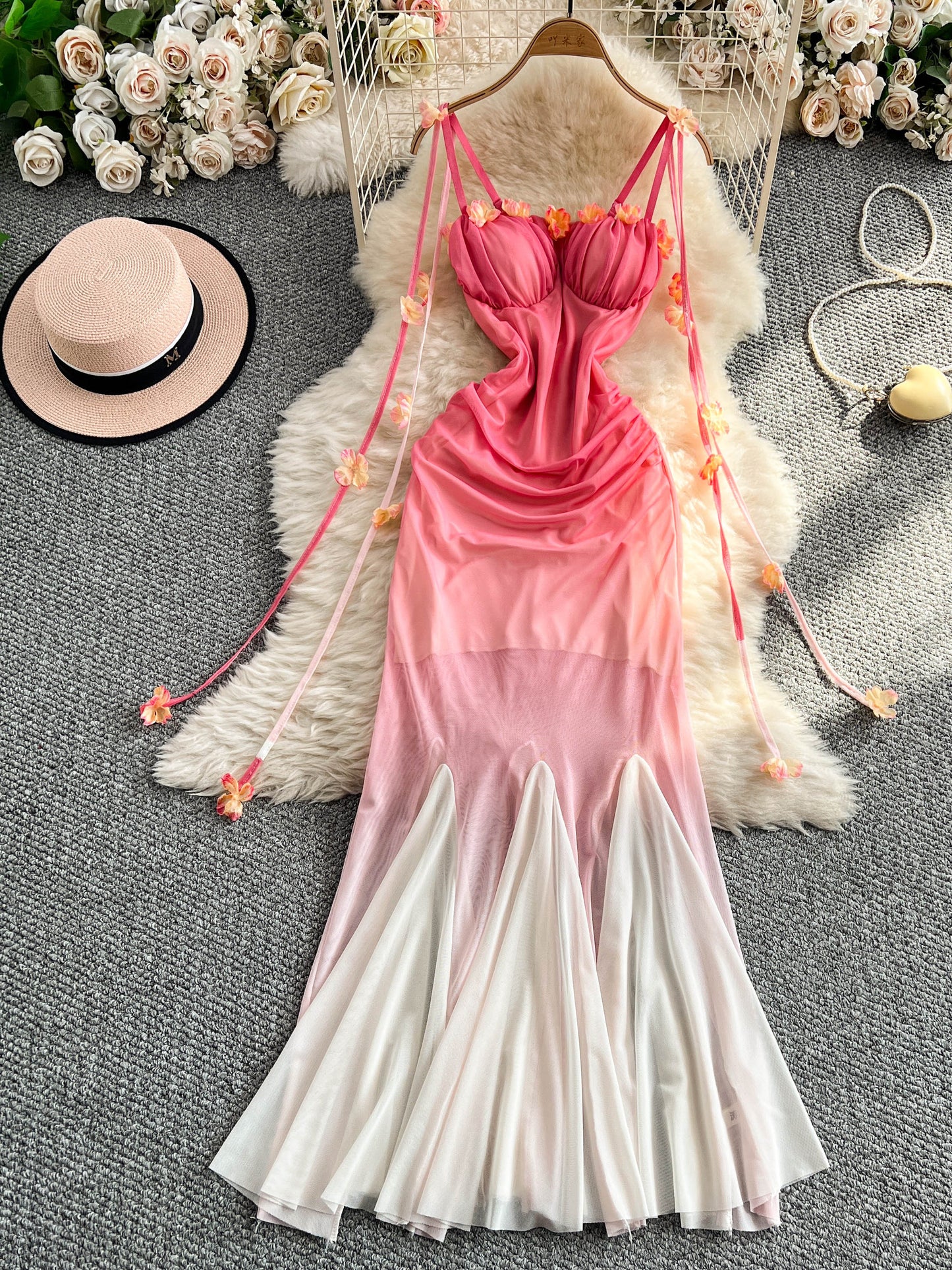 Fairy Gradient Color 3d Flower Dress Summer Slim Mermaid Long Skirt  L66