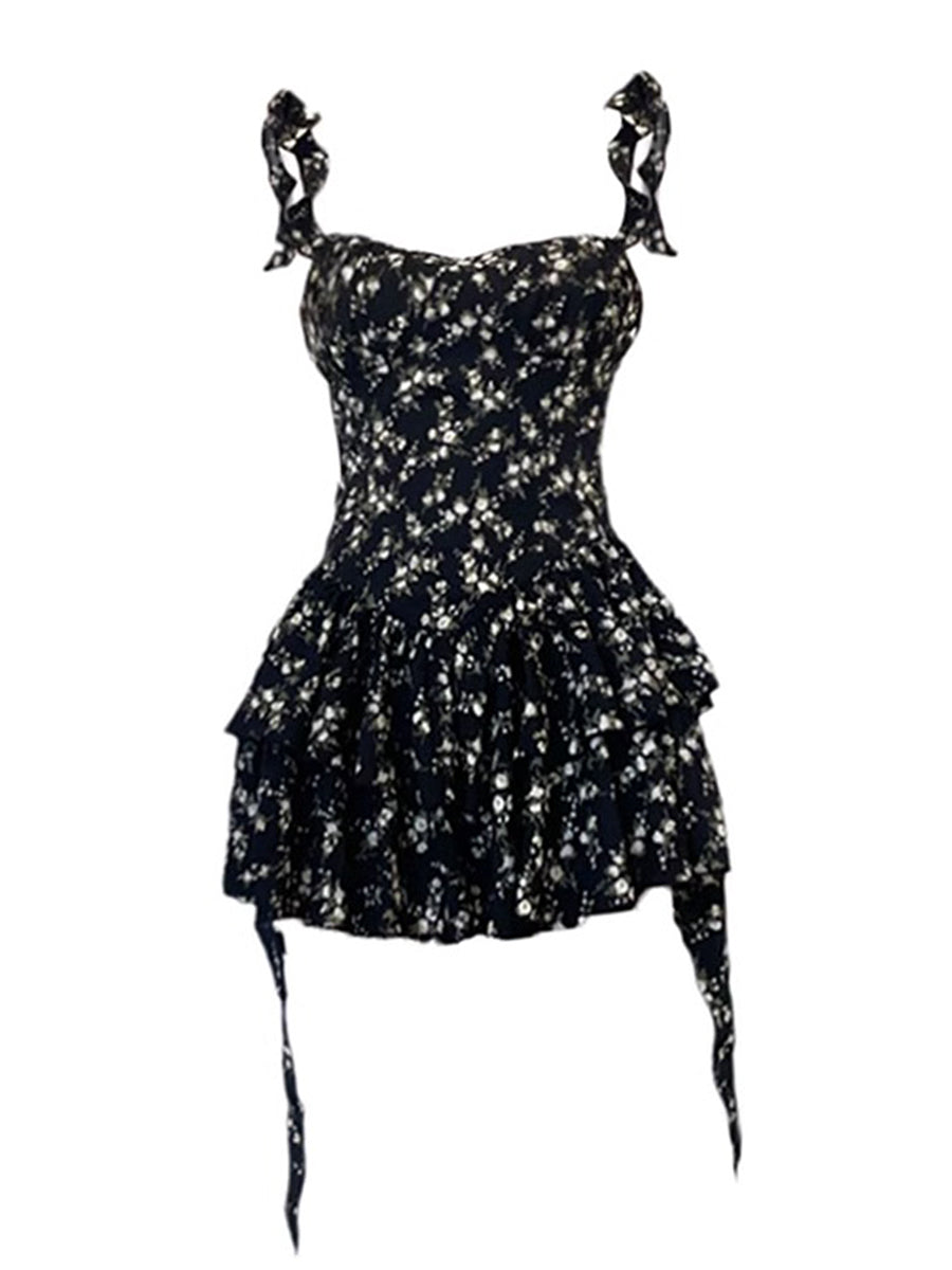 Black Floral Suspender Skirt Summer Dress L29