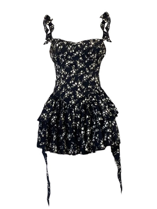 Black Floral Suspender Skirt Summer Dress L29