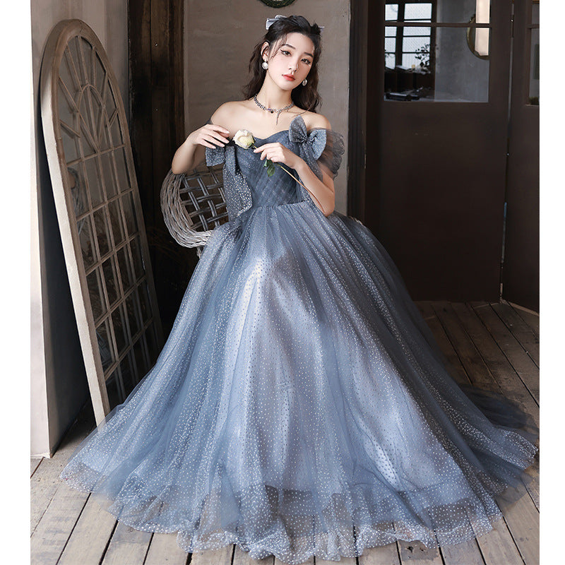 Off Shoulder Blue A Line Prom Dress Tulle Evening Formal Party Dress with Bow Tie 664