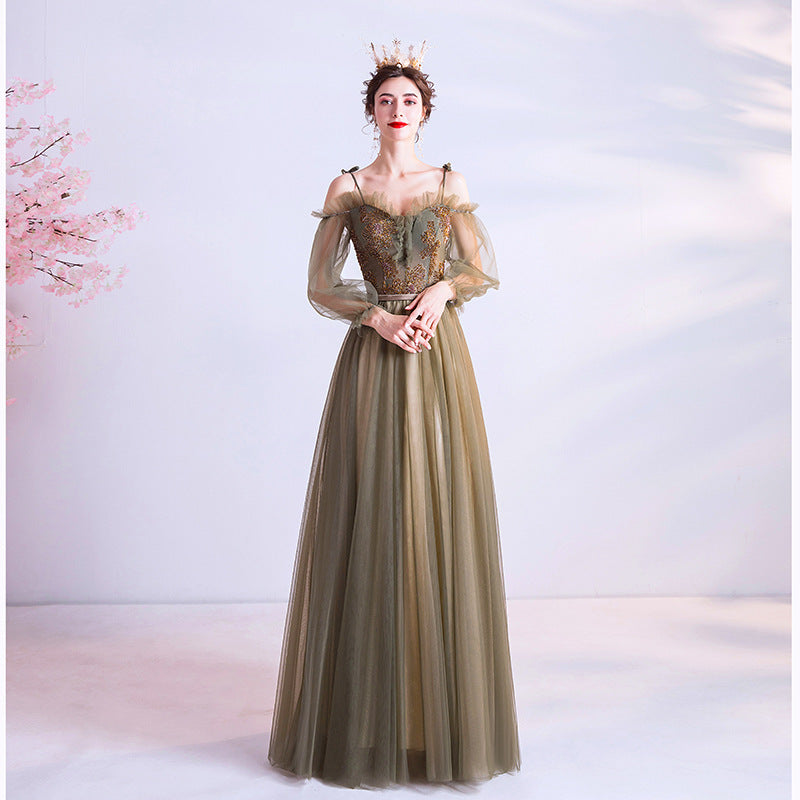 Long Green  Tulle Prom Dress A Line Evening Dress with Long Sleeves 161