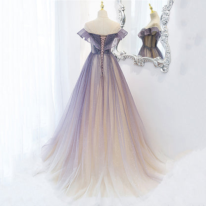 Robe de bal trapèze violette brillante en tulle, épaules dénudées, longue robe de soirée 588