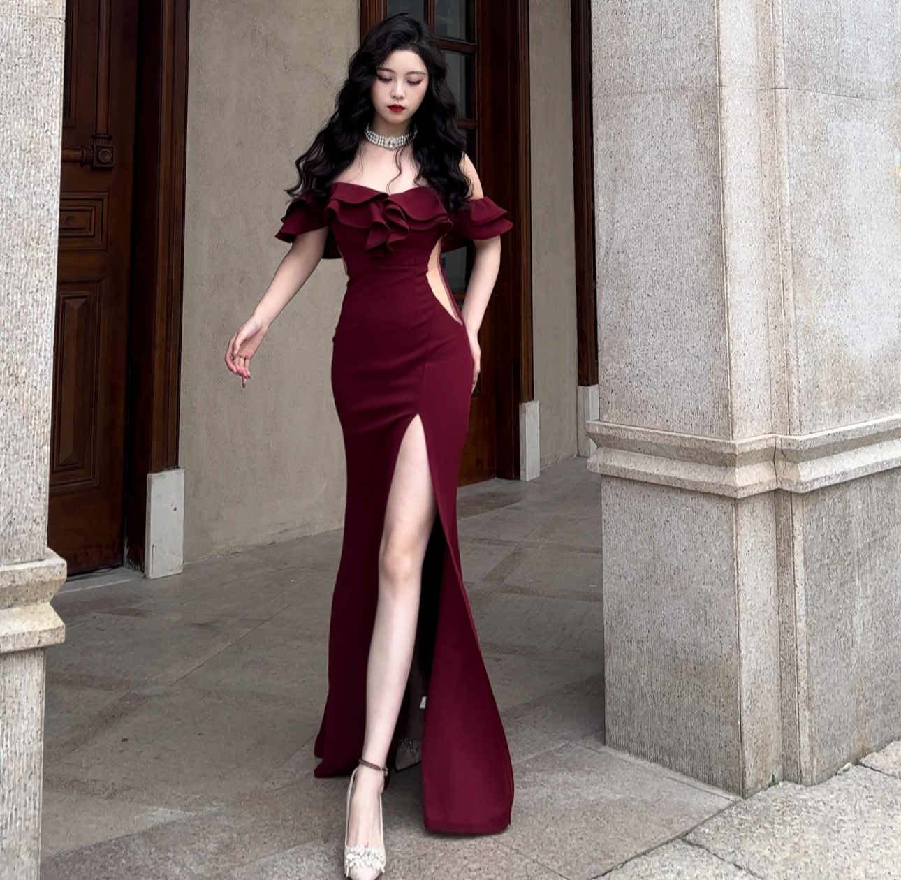 Robe de bal sirène bordeaux à épaules dénudées, longue, sexy, robe de soirée, robe de remise de diplôme, J8052