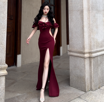 Robe de bal sirène bordeaux à épaules dénudées, longue, sexy, robe de soirée, robe de remise de diplôme, J8052