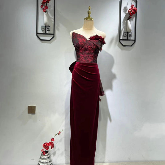 Retro Burgundy Rose Velvet Mermaid Evening Dress Sheath Long Prom Dress 183