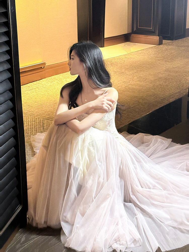 Lace Tulle Spaghetti Strap Puff Dress Beaded Prom Dress L80